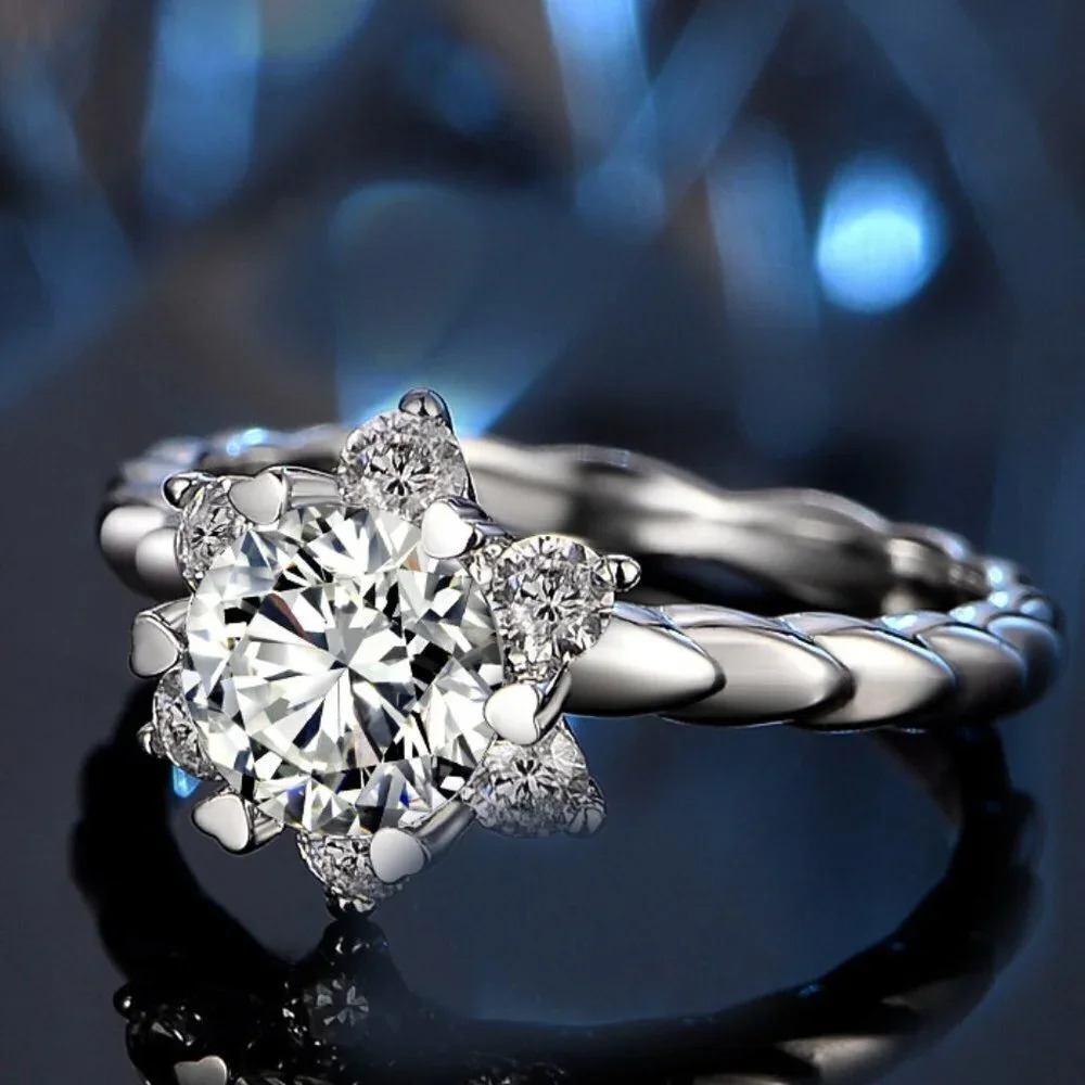 🎁925 Silver Plated Imitate Moissanite Twist Snowflake Ring, MARR9370